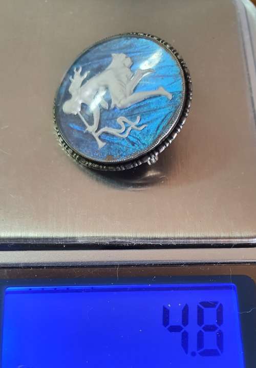 AUTHENTIC BUTTERFLY WING ART DECO CAMEO SET IN STERLING BROOCH