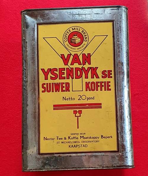 ANTIQUE HUGE 20 LBS VAN YSENDYK SE SUIWER KOFFIE TIN. 35CM HIGH X 24CM WIDE !!