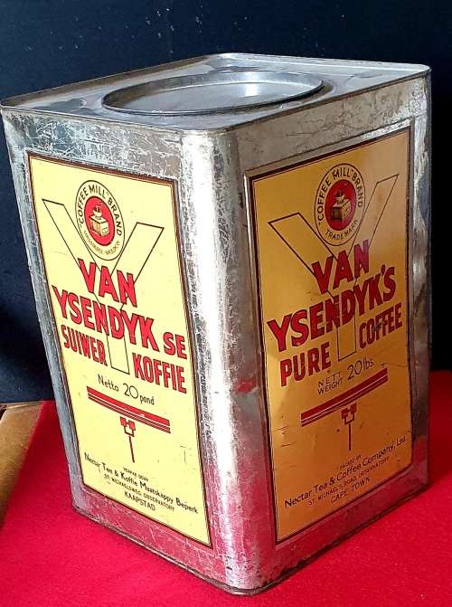 ANTIQUE HUGE 20 LBS VAN YSENDYK SE SUIWER KOFFIE TIN. 35CM HIGH X 24CM WIDE !!
