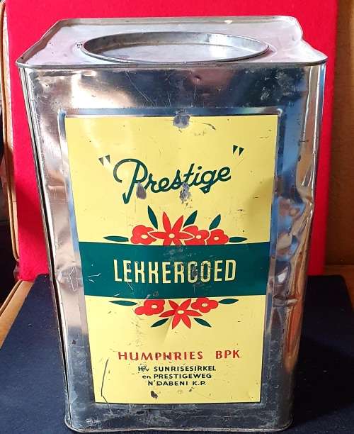 ANTIQUE HUGE 20 LBS PRESTIGE LEKKERGOED TIN. 35CM HIGH X 24CM WIDE !!