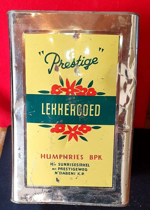 ANTIQUE HUGE 20 LBS PRESTIGE LEKKERGOED TIN. 35CM HIGH X 24CM WIDE !!