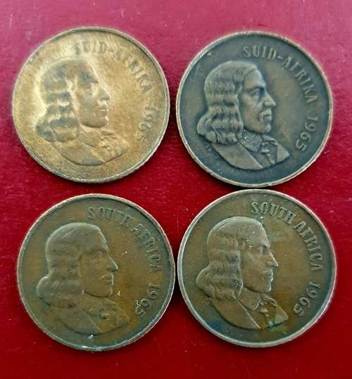 4 X  1965 2 CENT SA COINS. 2  X ENG.  2 X AFR.  EXCEPTIONAL CONDITION.