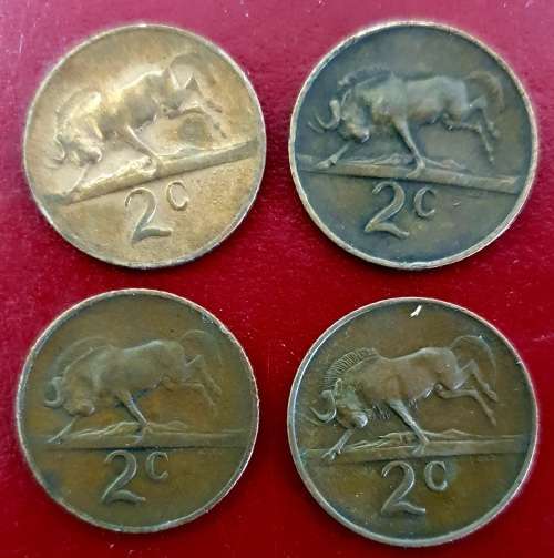 4 X  1965 2 CENT SA COINS. 2  X ENG.  2 X AFR.  EXCEPTIONAL CONDITION.