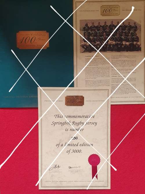1906 T0 2006 CELEBRATING 100 YEARS SPRINGBOK RUGBY JERSEY LIMITED EDITION WITH CERTIFICATE. 286/3000