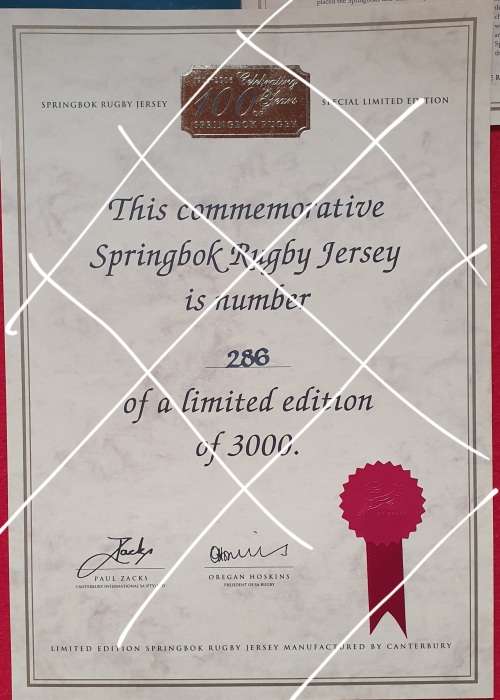 1906 T0 2006 CELEBRATING 100 YEARS SPRINGBOK RUGBY JERSEY LIMITED EDITION WITH CERTIFICATE. 286/3000