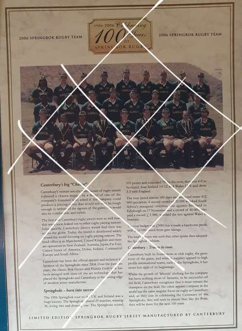 1906 T0 2006 CELEBRATING 100 YEARS SPRINGBOK RUGBY JERSEY LIMITED EDITION WITH CERTIFICATE. 286/3000