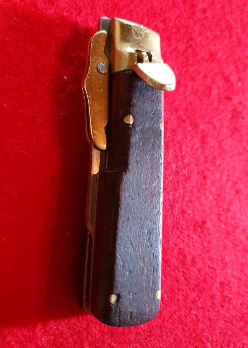 ANTIQUE BRASS ,WOOD, STEEL FOLDING KNIFE . MOVABLE GUARD !!