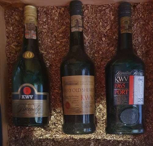 KWV 60 YEARS ANNIVERSARY LIMITED RELEASE. 1978. (1 X1965 PORT, 1 X10YEAR BRANDY,1 XVERY OLD SHERRY )