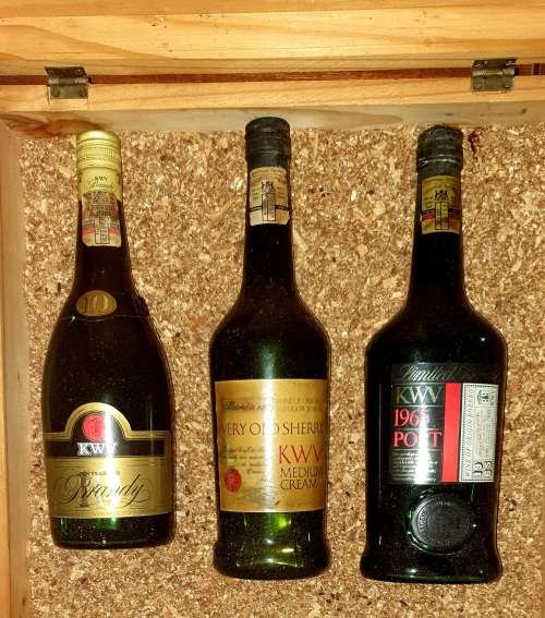 KWV 60 YEARS ANNIVERSARY LIMITED RELEASE. 1978. (1 X1965 PORT, 1 X10YEAR BRANDY,1 XVERY OLD SHERRY )