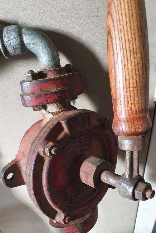 ANTIQUE  PETROL / DIESEL HAND PUMP - NO.1 RUNWELL-BRITISH MADE.ORIGINAL HANDLE, NOZZEL ,PIPE.