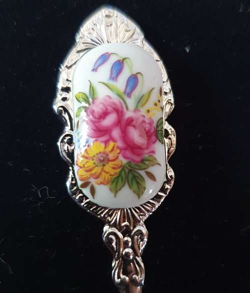 6 X VINTAGE PORCELAIN and STAINLESS TEASPOONS. FLOWER DESIGN. STUNNING DETAIL !!