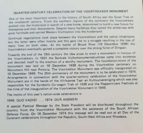 1974 VOORTREKKERMONUMENT KWARTEEUFEES FDC PLUS 1949 INAUGURATION MEDAL.