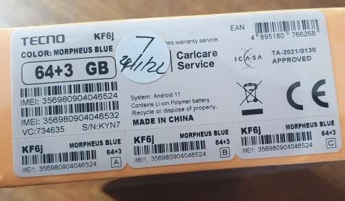 TECNO SPARK 7 CELL PHONE. 64GB 4G DS MORPHEUS BLUE. NEW IN UNOPENED BOX.