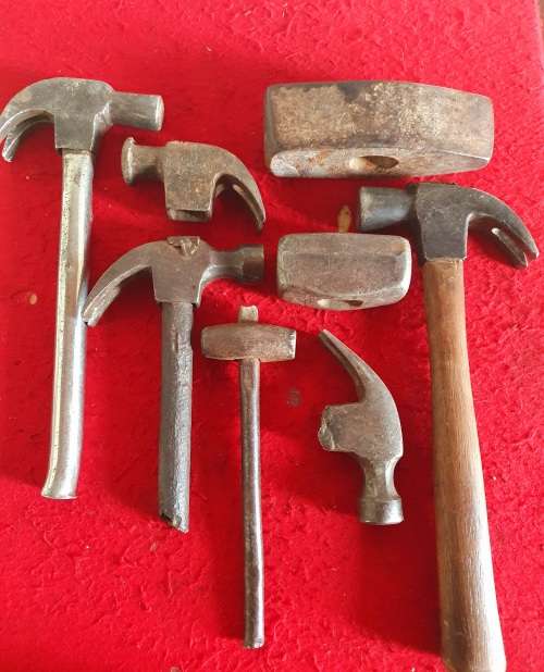 8 X ANTIQUE TO VINTAGE HAMMER COLLECTION. INCL. HUGE FORGING HAMMERS !! ONE BID FOR ALL.