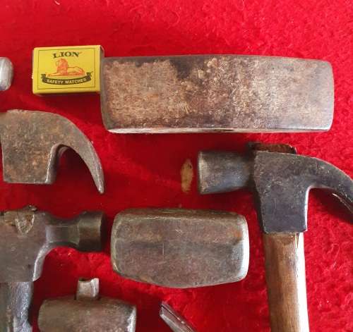 8 X ANTIQUE TO VINTAGE HAMMER COLLECTION. INCL. HUGE FORGING HAMMERS !! ONE BID FOR ALL.