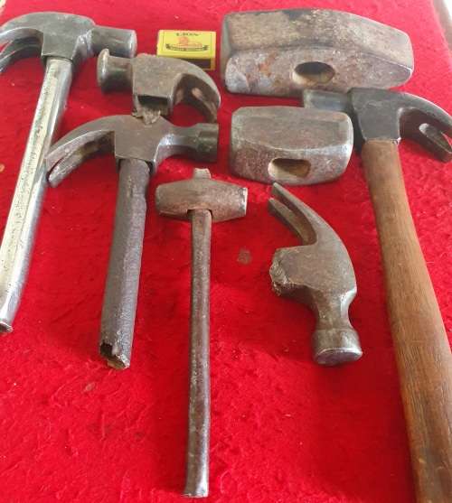 8 X ANTIQUE TO VINTAGE HAMMER COLLECTION. INCL. HUGE FORGING HAMMERS !! ONE BID FOR ALL.