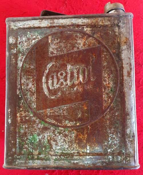ANTIQUE EMBOSSED CASTROL MOTOR OIL 2 GALLON CAN. ORIGINAL BRASS LID.