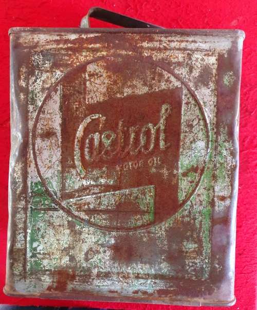ANTIQUE EMBOSSED CASTROL MOTOR OIL 2 GALLON CAN. ORIGINAL BRASS LID.