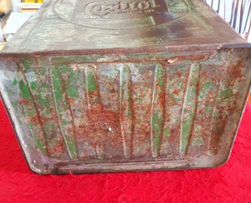 ANTIQUE EMBOSSED CASTROL MOTOR OIL 2 GALLON CAN. ORIGINAL BRASS LID.