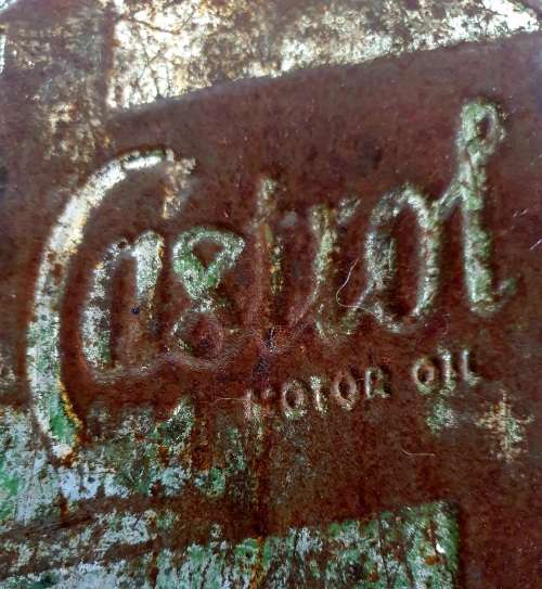 ANTIQUE EMBOSSED CASTROL MOTOR OIL 2 GALLON CAN. ORIGINAL BRASS LID.