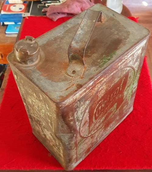 ANTIQUE EMBOSSED CASTROL MOTOR OIL 2 GALLON CAN. ORIGINAL BRASS LID.