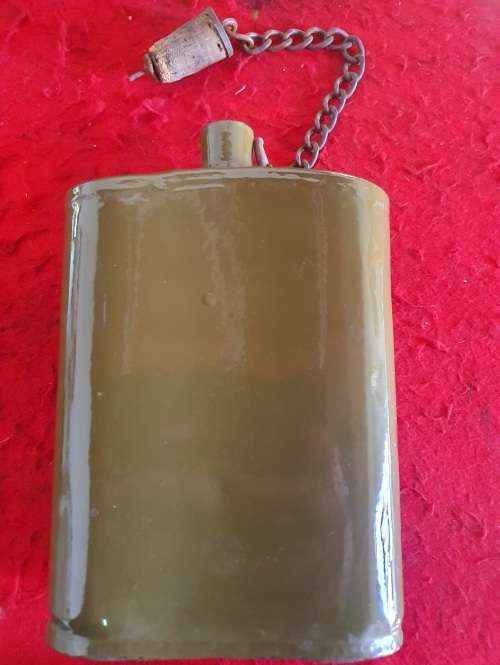 WW2 BRITISH MKVII ENAMEL WATER BOTTLE . ORIG. CORK . LEATHER STRAPS.