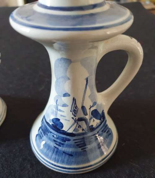 2 X VINTAGE HAND PAINTED DELFT CANDLE HOLDERS. 12CM HIGH.