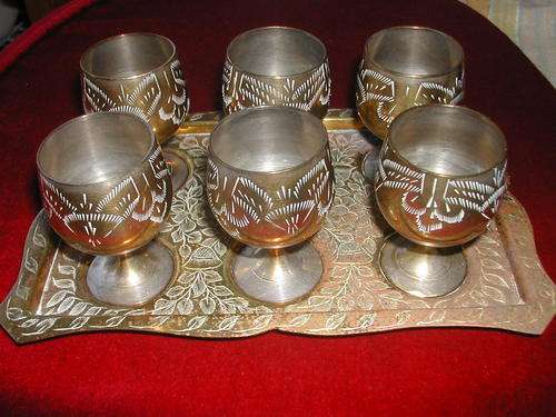 SIX WINE GOBLETS WITH TRAY. SOLID BRASS.