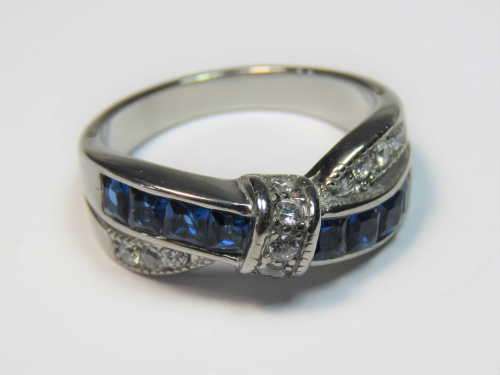 High class costume ring with blue and clear stones - TK316 stainless - Size: T 1/2