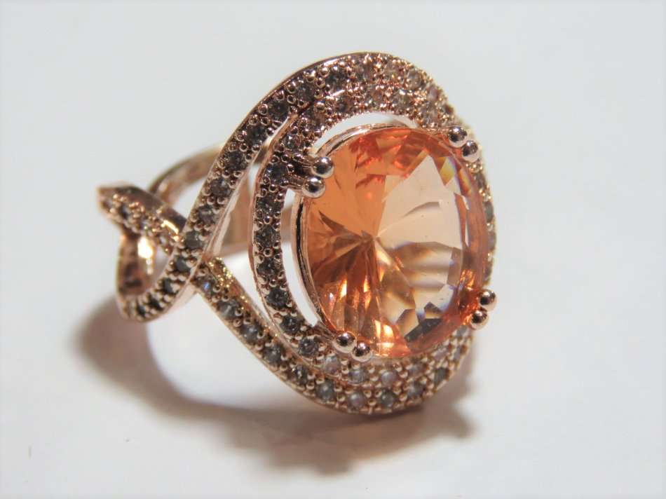 Rose gold plated ring with orange stone - Marked 925 - Size: M