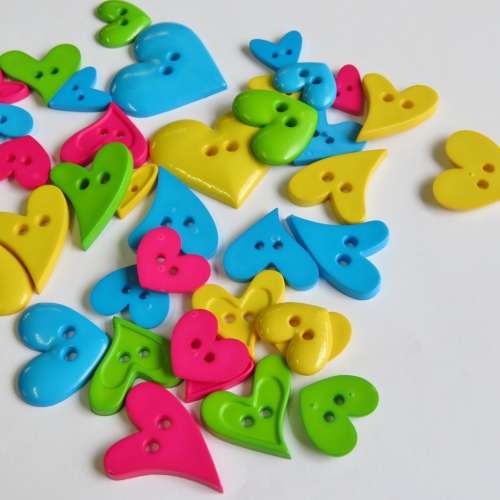 Lot of 29 heart shape and bright colour buttons