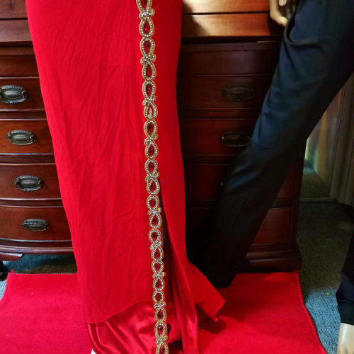 Red evening dress with bead and diamante detail - size 14