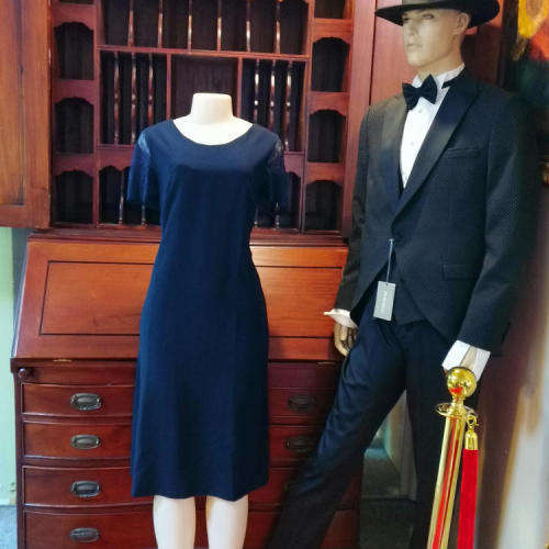 Navy lined dress with lace sleeves