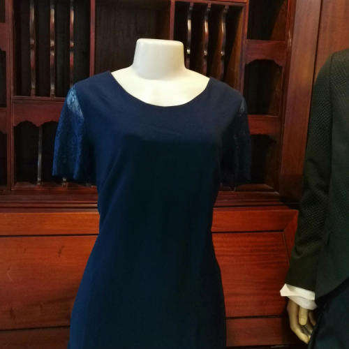 Navy lined dress with lace sleeves
