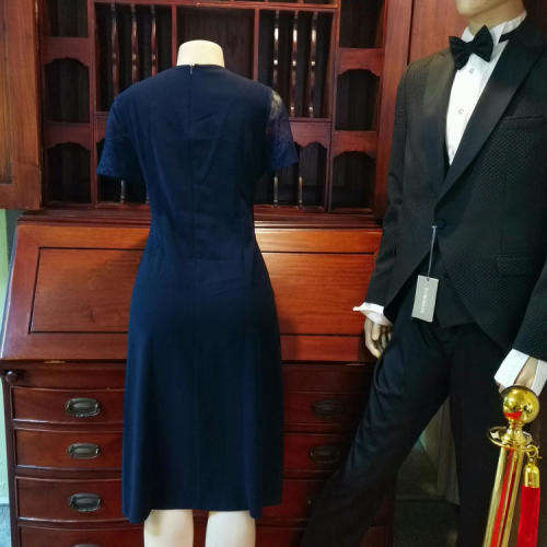 Navy lined dress with lace sleeves