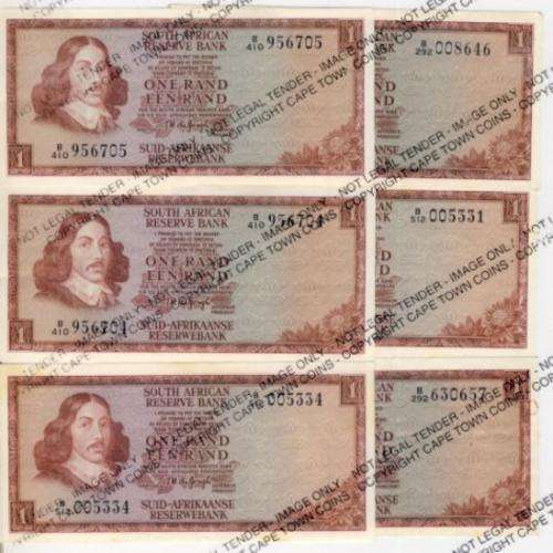 TW de Jongh lot of 6 x R1 notes - 2 with consecutive numbers - book value of R450 uncirculated