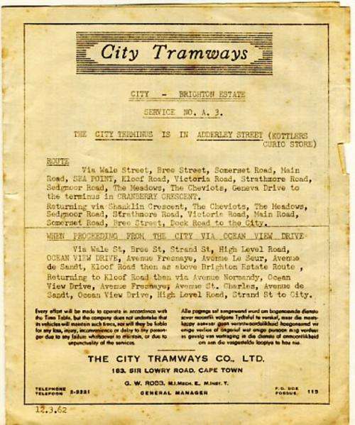City Tramways -  Adderley Street for Brighton Estate Buss timetable - as per scan