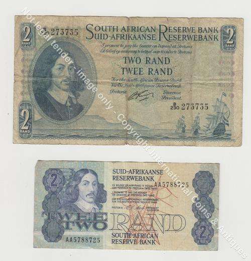 Lot of 2 old South African banknotes - two rand banknotes