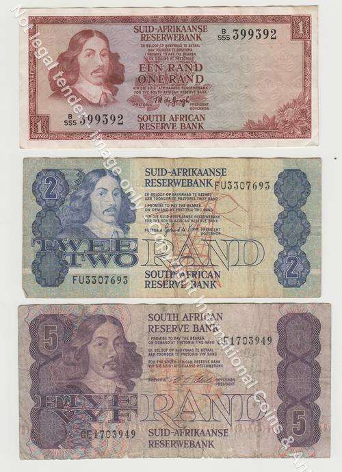 Old South African banknotes - one rand, two rand and five rand banknotes as per scan
