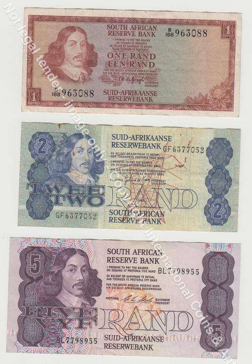 Old South African banknotes - one rand, two rand and five rand banknotes as per scan