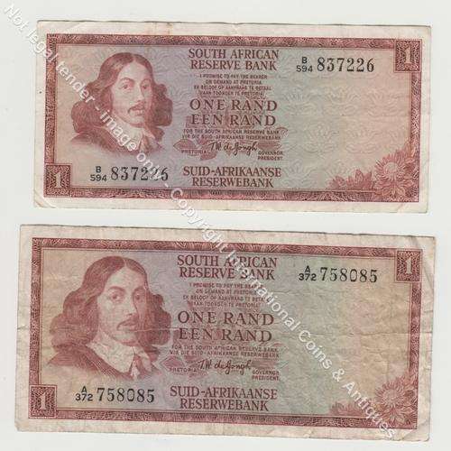 Lot of 2 old South African banknotes - one rand notes of TW de Jongh - 1 large and 1 small