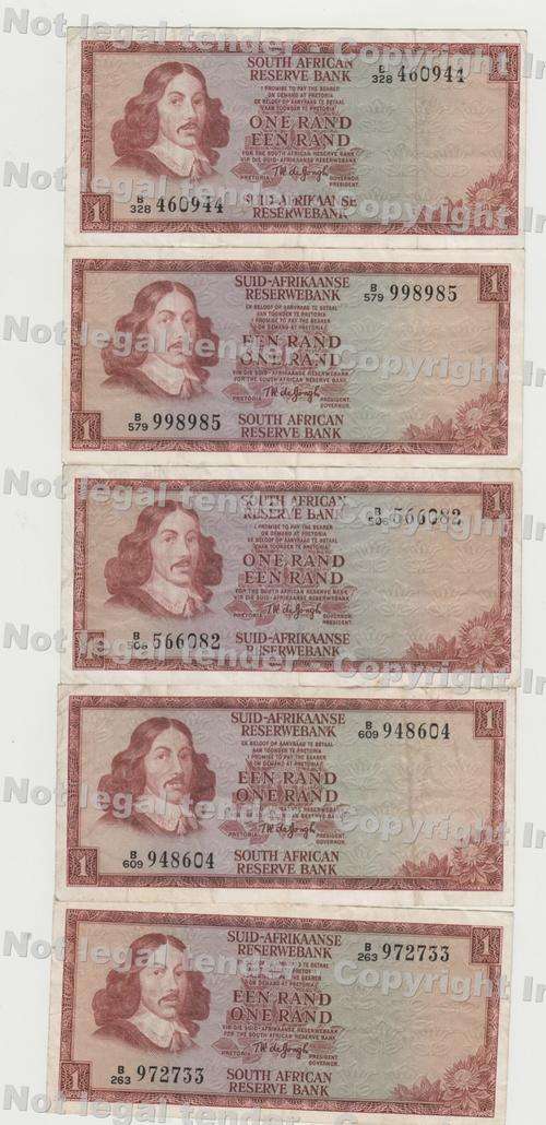 Lot of 10 old South African banknotes - 5 TW de Jongh one rands and 5 GPC de Kock 2 rands as per sc