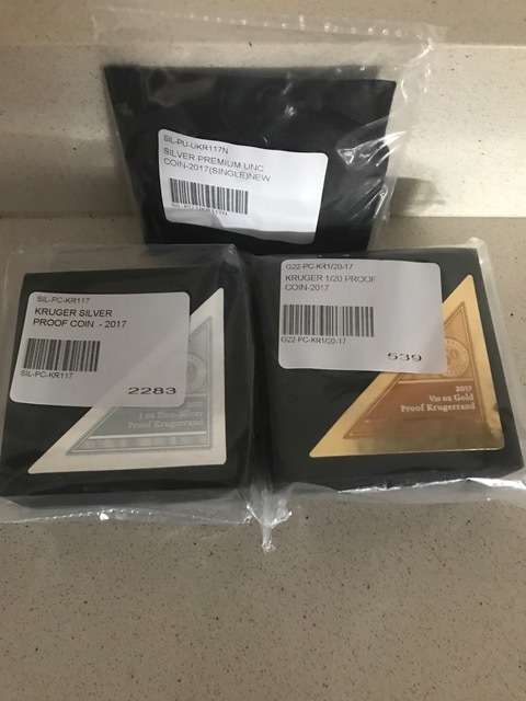 2017 Silver Proof Krugerrand + Premium Uncirculated Silver KR + Gold 1/20th