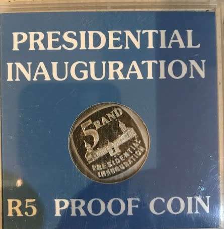 1994 Proof Mandela President Inauguration R5 coin in perspex holder