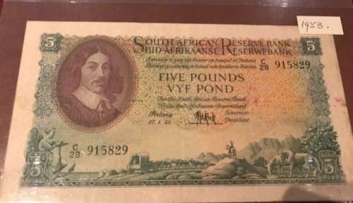 1953 South Africa Bank Note 5 Five Pounds Vyf Pond MH De Kock