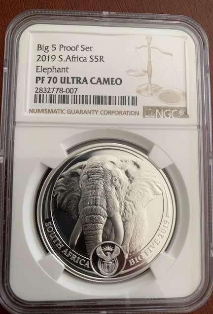 2019 NGC graded PF70 Big 5 PROOF Elephant silver 1oz coin R5 5 Rand