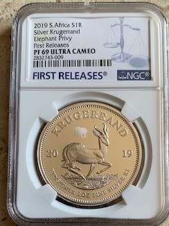 2019 Silver Krugerrand Elephant Privy NGC Graded PF69 FIRST RELEASES