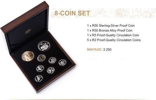 2019 SA 25 year democracy Proof 8 coin set includes 1oz Silver , Bronze and 5 x proof R2 and R5 coin