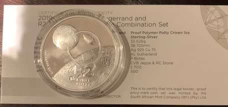 2019 Proof R2 Crown South Africa Invention series Polymer Putty Silver 1oz coin with cert, no box