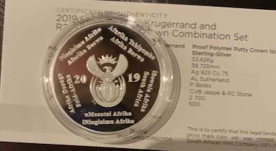 2019 Proof R2 Crown South Africa Invention series Polymer Putty Silver 1oz coin with cert, no box